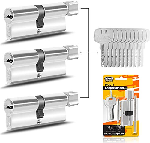 GERCAR Lot de 3 cylindres à bouton 45/45 avec 15 clés – Cylindre de serrure 90 mm – Serrure à cylindre avec fonction d'urgence et danger – Longueur : 90 mm, A : 45 B : 45