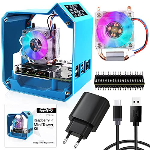 GeeekPi Raspberry Pi Mini Tower Kit mit QC3.0 Netzteil,Raspberry Pi 4 Gehäuse mit Ice Tower Kühler, 0.96 OLED Display,RGB Lüfter,Raspberry Pi Kühlkörper,GPIO Erweiterungskarte für Raspberry Pi 4B