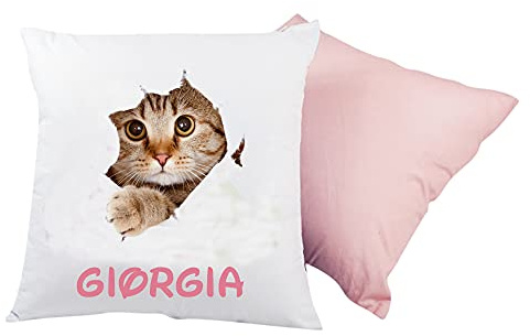 Cojín personalizado con nombre, 40 x 40 cm, desenfundable y lavable con suave relleno - Idea regalo para cumpleaños, Navidad (gato rosa)