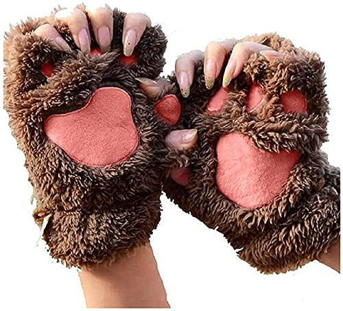 rackbone Kvinnors fleecehandskar kattklor handskar katt tass vantar fuskpäls vantar vinter varma halvfinger handskar söta katttass cosplay varma tecknade handskar, Brun, one size