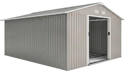 Outsunny Caseta de Jardín Exterior, 12,4 m² 340x386x200 cm Cobertizo de Jardín Exterior Metálico con Puertas Dobles con Cerradura Kit de Fundación y Ventilación para Almacenaje Bicicletas Gris Claro