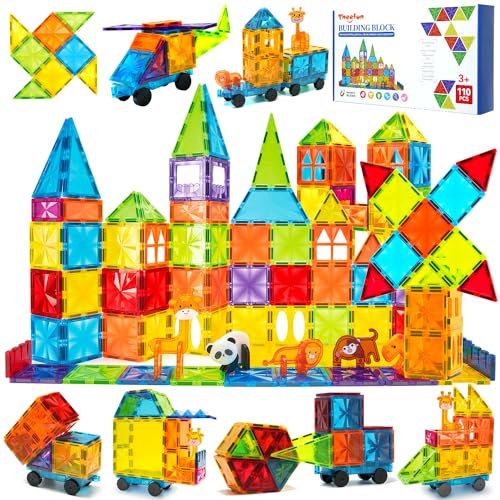 Theefun Magnetic Tiles Safari Animals : 110PCS 3D Clear Magnet Building Blocks Toys for Kids - Educational Magnetic Construction Set STEM Learning Kit Gifts for Boys Girls Toddlers 3-5 4-8 Year Old