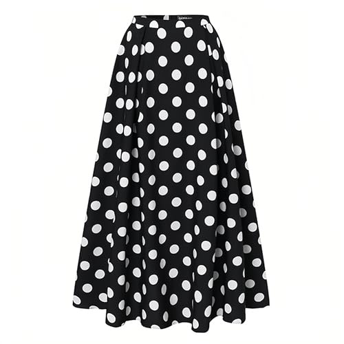 ThreeH Donna Vita Alta A Line Gonna Lunga Swing Plissettata Stampa Floreale a Pois Gonne Vintage,Nero