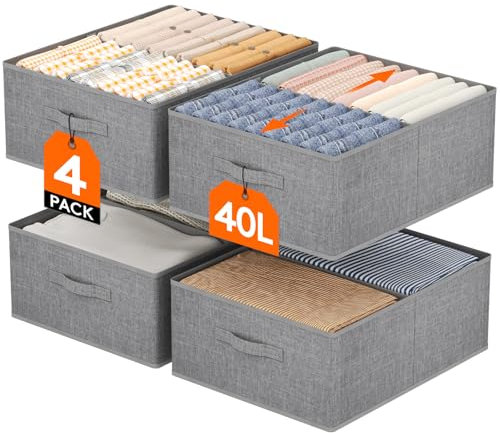 Lifewit Groß 4er Set Aufbewahrungsboxen, faltbarer Kleiderschrank Aufbewahrungskorb mit EntfernbareTrennwand, Aufbewahrungsschublade aus Stoff mit Griff für Kleidung, Hosen, Socken, 50 x 40 x 20 cm