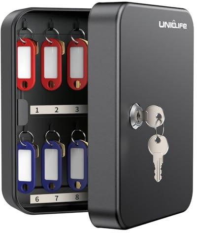 Uniclife 20 Position Key Cabinet with Key Lock Wall Mounted Black Security Storage Box Steel Key Organizer with Colorful Key Tag Labels Stickers and Hooks