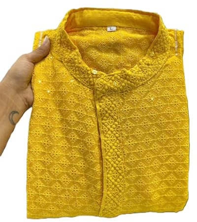 Estationeryhouse Pyjama Kurta coupe droite pour homme en coton (Rayon) broderie lourde sur le devant et le dos (livré avec pyjama blanc), jaune, XXL
