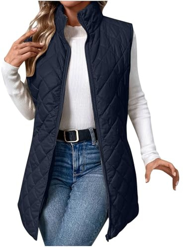 OVARA Chaleco Acolchado para Mujer de Línea Larga Cuello Alto Ligero con Cremallera Chaleco Acolchado Térmico Cómodo Casual Liso Chalecos Puffer para Damas Calentadores Corporales Chaqueta Larga sin