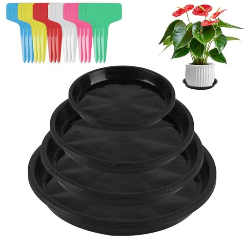 XiangJunly 16 sottovasi per piante, vassoi per vasi all'interno, in plastica, per interni ed esterni, 12/16/18/22 cm + 18 etichette