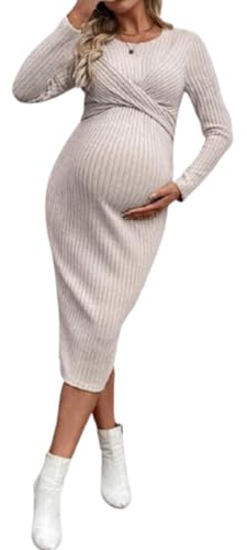 KINLYBO Vestido de maternidad de punto para mujer, manga larga, vestido de embarazo, falda adelgazante, beige, M