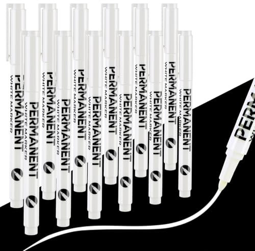 JOLCEEY Acrylmarker Weiße, 12 Stück Permanent Marker Weiß Wasserfeste Stifte für Steine Bemalen Metall Kunststoff Reifen Keramik Holz Glas Stoff