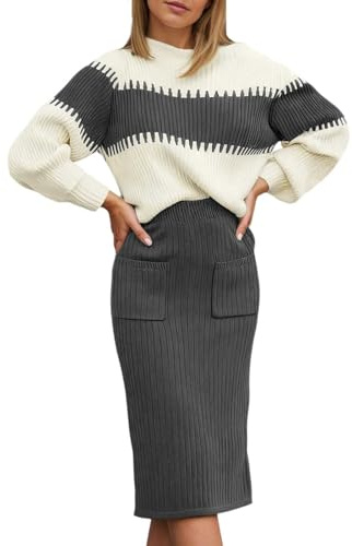 Générico Vestido de punto y falda para mujer, 2 piezas, conjunto de manga larga, suéter de cuello vuelto, vestido de punto, combinación, otoño invierno, midi, cálido, gris, M