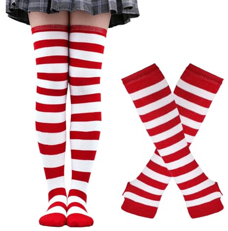 EQLEF Calze a Righe Donna, Calze Overknee Ragazze con Guanti Lunghi Senza Dita Ragazze Costume Coscia Calzini per Natale Festa a Tema di Halloween Carnevale (Rosso e Bianco)