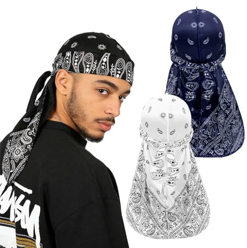 Lote de 3 Pañuelos Durag de Seda Satinada con Cola Larga y Tiras Anchas,Bandana Elástica Suave y Transpirable con Protección Solar UV,Gorro Pirata para Hombre Mujer,para Deportes y Aire Libre