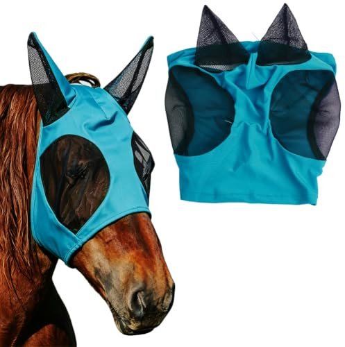 AHANDMAKER Máscara de mosca para caballos, con orejas, de poliéster suave y azul, para caballos, protección UV, transpirable, para caballos, pasto al aire libre, equitación