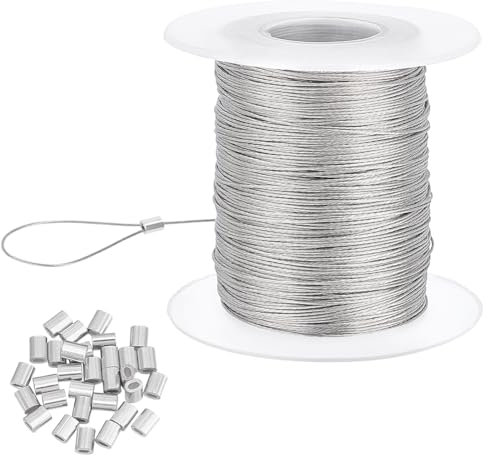 PandaHall 100m 0.5 mm Hochleistungs-Bildaufhängungsdraht, 304 Edelstahl-Fotorahmen-Hängedraht Mit 30 Stück Aluminium-Crimpschleifenhülse Für Spiegelrahmen