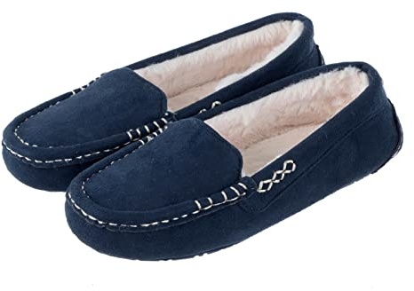 Autumn Faith Ladies Microsuede Moccasin Slippers Traditional Microsuede Faur Fur Lined Navy 6 UK