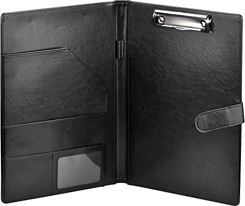 Xiumeso Schreibmappe A4, Klemmbrett Business Mappe Konferenzmappe, DIN-A4 Dokumentenmappe Leder, Portfolio Padfolio mit Magnetverschluss, Schwarz