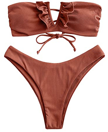 ZAFUL Bikini bandeau épaules dénudées pour femme, Marron C, M