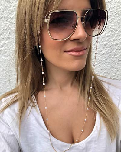 Bramian Perle Lunettes Chaîne Suspendus Cou Anti-Goutte Lunettes Corde Accessoires pour Femme et Filles (Or)