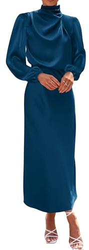 BTFBM Womens Mock Neck Satin Dress Spring Summer 2026 Long Sleeve Lightweight Formal Wedding Party Maxi Cocktail Dresses(Dark Blue, XX-Large)