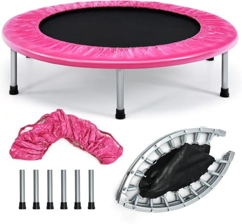 GOPLUS Mini Trampolín Fitness Plegable, Silencioso Trampolín Deportivo para Interior y Exterior con Alfombra de Seguridad, Carga Máxima 150KG, para Adultos y Niños (Rosa)