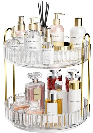 MOACC Porta Trucchi Rotante a 360°, Organizzatore di Cosmetici ad Grande Capacità, Organizzatore di Profumi, Make Up Organizer Adatti per Toeletta Camera da Letto Bagno Cucina, 2 Strati, Chiaro
