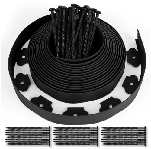 Borde Jardín Césped Borde de Plástico 10 Metros con 50 Clavijas, Delimitadores de Bordes Flexible, Bordura Exterior para Tierra Cenefa Parterres, Altura 5cm, Negro