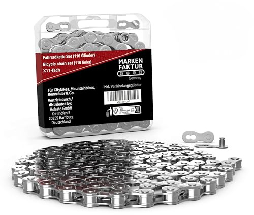 MARKEN FAKTUR® Fahrradkette 116 Glieder - Fahrrad Kette 8/9/10/11 Fach aus robustem Kohlenstoffstahl - Kettenglieder - BMX Kette 1/2 x 3/32 Inch - Bicycle Chain (Fach 11, 116 Glieder)