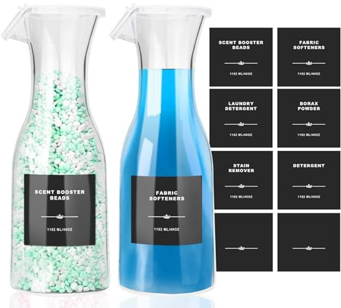 sunal Liquid Laundry Detergent Dispenser, 1182ml Fabric Softener Storage Bottle,Scent Booster Beads Container with 8 Waterproof Label for Laundry Room Organization/Decor 2 Pack
