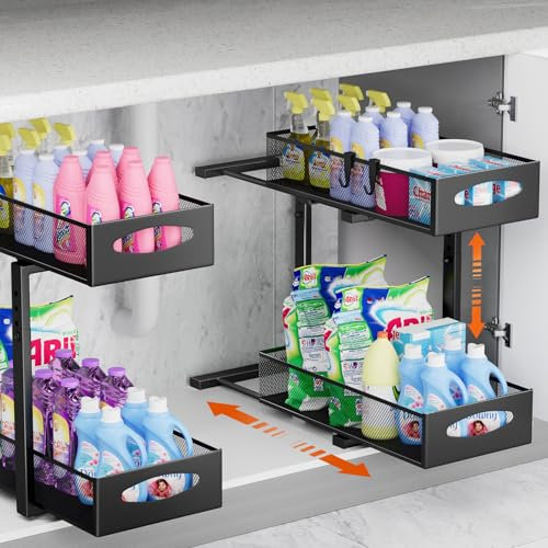 Housolution 2 Pack Under Sink Storage, Height Adjustable Pull Out Under Sink Organiser with Sliding Mesh Drawers, 2 Tier Metal Slide Out Kitchen Storage Rack Shelf for Cupboard, Black