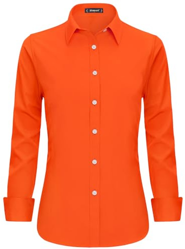 Stamain Orange Shirt Women Long Sleeve Executive Formal Work Shirts for Women UK Fitted Stretch Button Up Dress Shirt with Single Cuff L