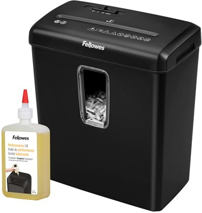 Fellowes Paper Shredder for Home Use - 6 Sheet Cross Cut Paper Shredder - Home Shredder with 15 Litre Bin - Powershred FS-6C + Fellowes Shredder Oil for Micro Cut and Cross Cut Paper Shredders, 355ml