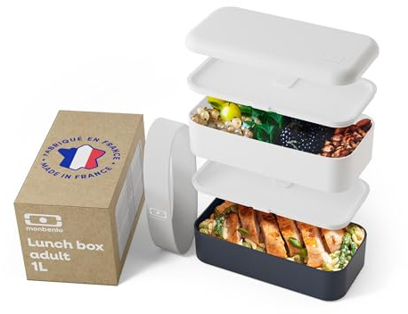 monbento - Bento Box Adult Original White/Blue Made in France - 2 Leakproof Compartments - Stackable Lunch Box for Work/Picnic/Sports - BPA Free Containers for Food – Microwave & Dishwasher Safe