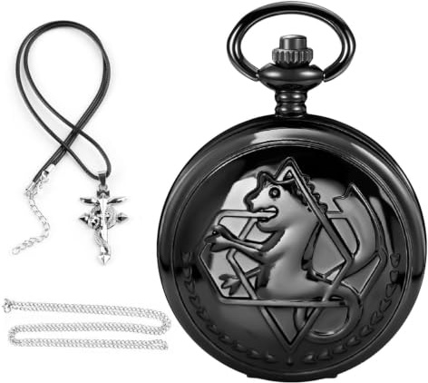 Tiong Seahorse Black Quartz Pocket Watch Set, Roman Numeral Dial Men's Pocket Watch, Patch Necklace with Box