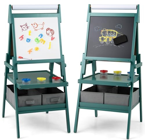 COSTWAY 3 en 1 Chevalet d'Art Enfant avec Tableau Noir & Blanc Magnétique, Tableau Enfant Double Face avec Rouleau de Papier & 2 Bacs en Tissu, 3 Pots de Peinture pour Garçon Fille de 3-6 Ans (Vert)