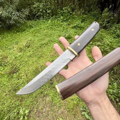 Obespina Grand Couteau Tanto damas lame fixe damascus japonais étui intégral bois ébène full tang collection randonnée traditionnel custom camping chasse forge artisanat tranchant decoupe edc