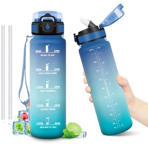 Borraccia 1L, Bottiglia Acqua A Prova di Perdite, Bottiglia Riutilizzabile, Borraccie con Cannuccia e Marcatori Temporali, senza BPA, Borraccia Motivazionale per Campeggio, Scuola, Ufficio, Yoga