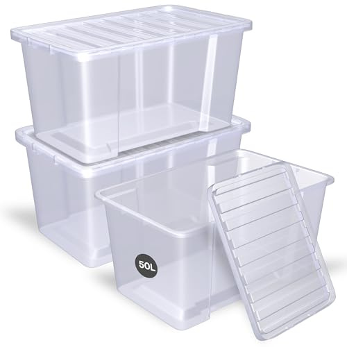 Zooblaze - Pack of 3 x 50 Litre storage boxes with lids, Clear & Large stackable storage boxes, Multipurpose under bed storage box with lid for Office, Garage, Clothes & home storage