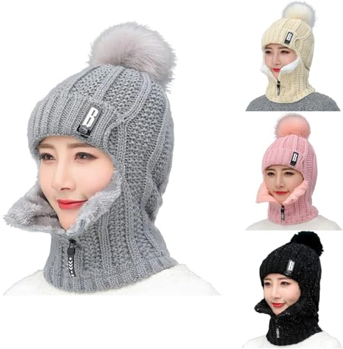 Aartner mössa och halsduk för kvinnor, 2-i-1 vinterstickad mössa halsduk mössa set, balaclava vintermössa stickad halsduk, dubbel värme, 50–60 cm, GRÅ, 50-60