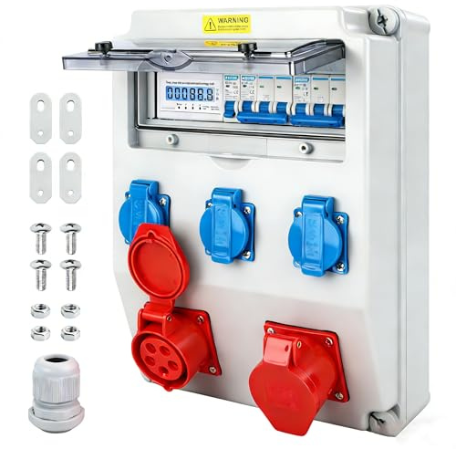 Wandverteiler mit FI-Schutzschalter, Baustromverteiler 230V/16A, Wandverteiler Stromverteiler Wasserdicht für Verteilerkasten mit IP54 230V/16A Schuko Steckdose und 380V/16A CEE Steckdose