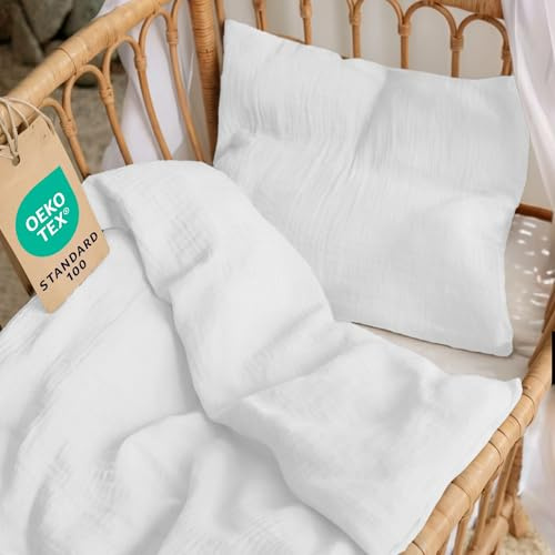 Dreamzie Baby Sängkläder Set 80x80 i 100% Bomull - Bomull Gaze Påslakan 80x80 cm + Örngott 35x40 cm, OEKO-TEX Certifierad - Vit Färg