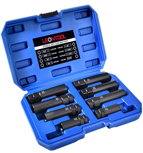 LEONTOOL Spline Lug Nut Socket Set, 8 Piece SAE and Metric Locking Lug Nut Removal Tool, Wheel Lock Removal Kit for Removing Spline and Hex Style Aftermarket Wheel Lugs Nuts, CR-MO Steel