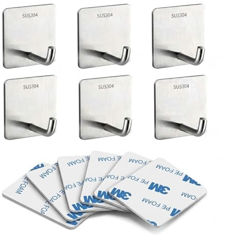 XAQAMY Set de 6 Ganchos Adhesivos con Adhesivo 3M (1,8mm Extra Fuerte) - Acero Inox SUS304 Sin Taladrar, Gancho Pared Plata Antióxido para Baño y Cocina