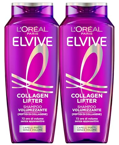 L'Oréal Paris Elvive Collagen Lifter Shampoo Volumizzante per Capelli Piatti e Senza Volume con Peptidi di Collagene e Fibre Volumizzanti Fragranza Delicata Lunga Durata 72H - 2 Flaconi da 300ml