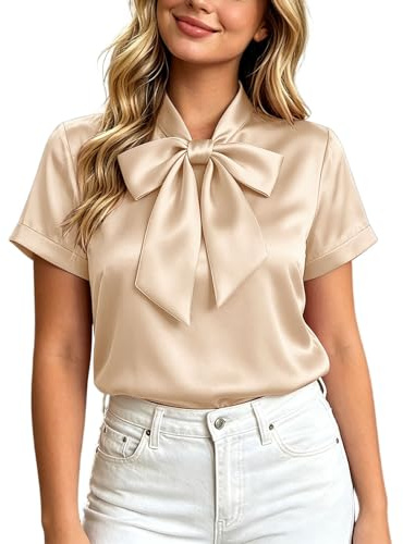Générique Chemisier Femme en Satin à Manches Courtes avec Nœud Papillon Haut Brillant et Élégant Blouse Chic et Féminine pour Le Bureau Ou Une Soirée Style Streetwear Blouse Chic Élégant