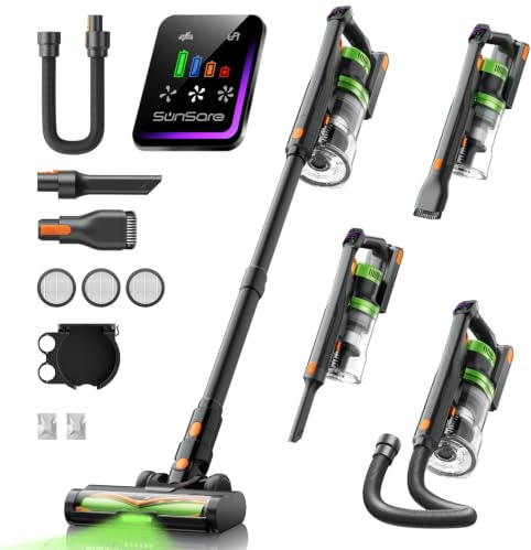 SunSare Aspiradora sin Cable 600W/50KPA/65Min (Eco), 1.8L Aspirador Sin Cable con Manguera de 1M, Aromaterapia, Luz LED Verde, Pantalla LED Inteligente, para Pelo de Mascotas, Alfombras, Pisos, Coche