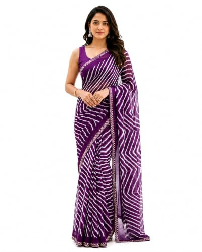 Bhuvik Creations Women's Leheriya Print Georgette Saree with Blouse Piece, Tie Dye Saree for festivals