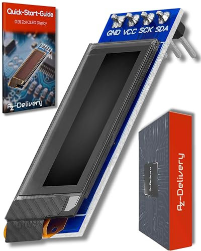 AZDelivery 0,91 Pulgadas OLED Display I2C SSD1306 Chip 128 x 32 Pixeles I2C Modulo Visualizacion de Pantalla con Caracteres Blancos Compatible con Arduino y Raspberry Pi con E-Book Incluido!