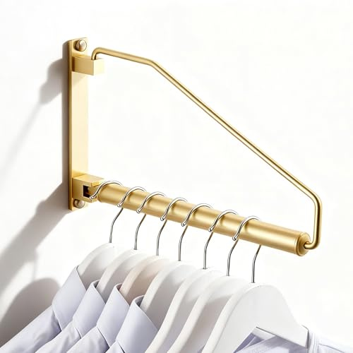 NEWRAIN Folding Wall Mounted Clothes Hanger Rack Clothes Hook Solid Brass with Swing Arm Holder Clothing Hanging System Closet Storage Organizer Heavy Duty Drying Rack Wall Mount,Brushed Gold