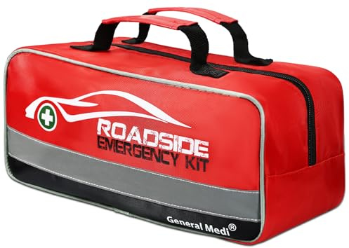 General Medi 127-Pieces Roadside Car Emergency Kit Include Mini First Aid Kit, Jumper Cables,Tow Rope, Bandage, Safety Vest, Emergency Triangle, All in One Pack